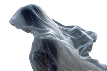 Figure shrouded in flowing white fabric dark background ethereal beauty, isolated on a transparent background