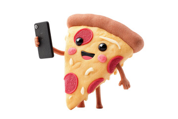 Happy Pizza Slice Selfie Smartphone Food Fun, isolated on a transparent background