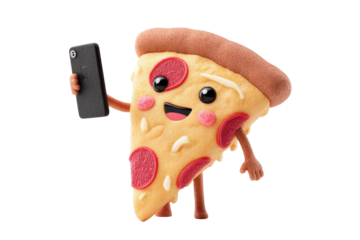 Happy Pizza Slice Selfie Smartphone Food Fun, isolated on a transparent background