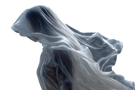 Figure shrouded in flowing white fabric dark background ethereal beauty, isolated on a transparent background