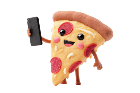 Happy Pizza Slice Selfie Smartphone Food Fun, isolated on a transparent background - Powered by Adobe