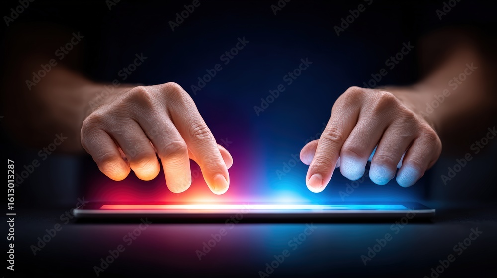 Poster hands tapping on touchscreen device with colorful light effects