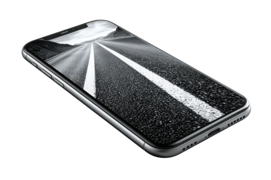 Smartphone displays scenic road wallpaper journey travel adventure open road black and white, isolated on a transparent background