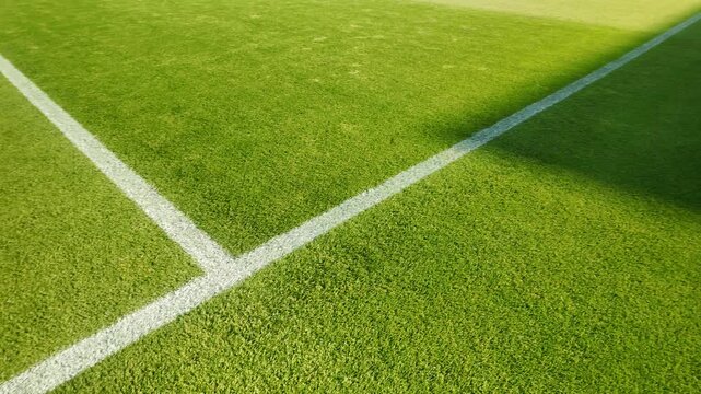 Close-up of a soccer field corner with white lines on perfectly manicured green grass. Football stadium pitch background for sports and competition concepts.