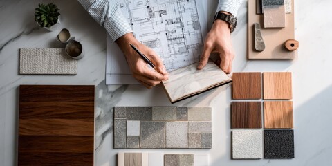 Creative process of selecting materials for interior design project on a workspace table with samples and blueprints in focus