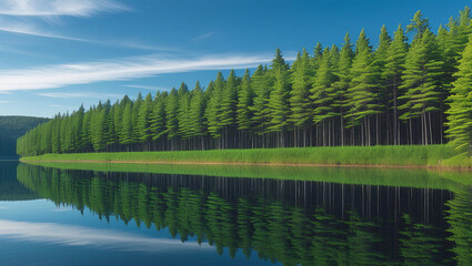 Obraz premium Symmetrical lake reflection of lush pine trees and sky in quiet forest setting. Great for travel ads, forest branding, or serene landscape collections.