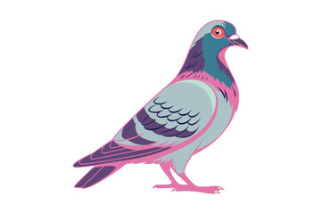 Fototapeta premium Stylized illustration of a colorful pigeon with vibrant purple and pink accents standing alert on a clean white background silhouette isolated on white background