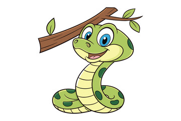 Fototapeta premium Cute cartoon green snake with big eyes smiling and coiled around a tree branch isolated on white background silhouette