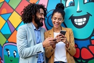 Couple laughing and browsing real estate listings on smartphones in front of colorful mural wall, searching for dream apartment.