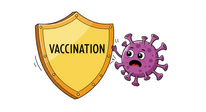 cartoon virus character looking surprised at large shield labeled “vaccination” on white background. health protection and awareness campaign. national immunization awareness month.