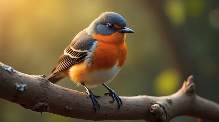 A hyper-realistic bird with vibrant plumage and delicate patterns perched on a weathered branch, emphasizing its intricate feathers with subtle sheen and the texture of the gnarled tree bark.