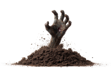 Zombie hand rising from grave dark soil horror Halloween,, isolated on a transparent background