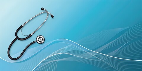 A stethoscope placed on a blue background with abstract wave patterns, suggesting a medical or healthcare theme.