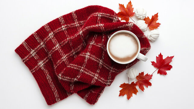 Cozy autumn scene warm drink red scarf and fall leaves