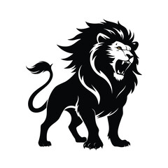 Majestic roaring lion black silhouette with full mane on white background