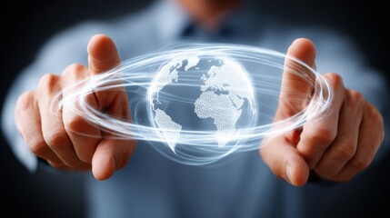 Hands Holding a Glowing Digital Globe Over Black Background