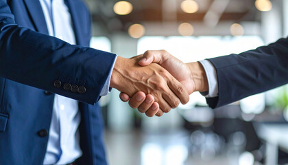 Handshake of Agreement: A close-up shot of two business professionals, formally dressed in suits, engaged in a firm handshake, symbolizing agreement and collaboration.