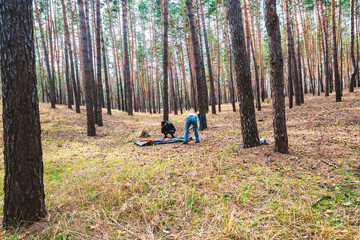 Two people prepare a campsite in a serene, dense pine forest, surrounded by tall trees and natural ground cover. Perfect for themes of outdoor adventure, nature exploration, and peaceful retreats.