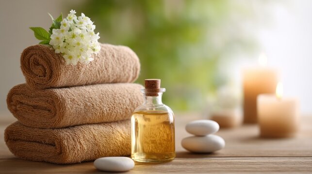 A stack of rolled towels with a white flower on top, surrounded by candles and pebbles on a wooden table.