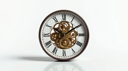 The hyper-realistic, isolated analog clock, perfectly presented with intricate brass-colored gears and slender black hands, exhibiting its classic roman numeral design on a pure white background.