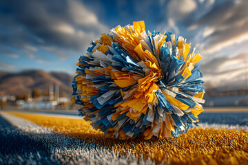 Dynamic blue and yellow cheerleading pom pom with motion blur on a vibrant sports field