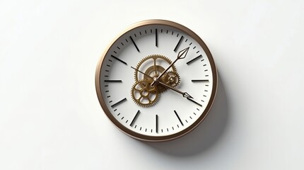 An exquisitely detailed, hyper-realistic, isolated analog clock, showcasing its intricate brass-colored gears and slender black hands, with subtle shadows and soft reflections.