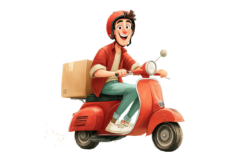 Happy Delivery Man Riding Red Scooter with Package, isolated on a transparent background