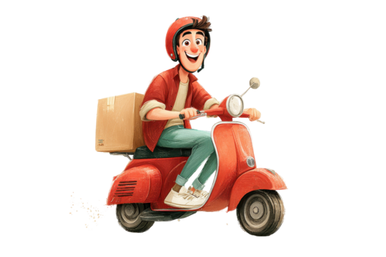 Happy Delivery Man Riding Red Scooter with Package, isolated on a transparent background