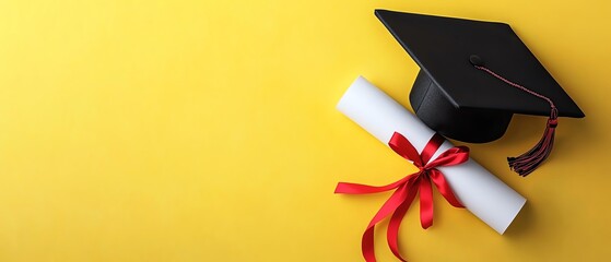 Graduation cap and diploma on yellow background