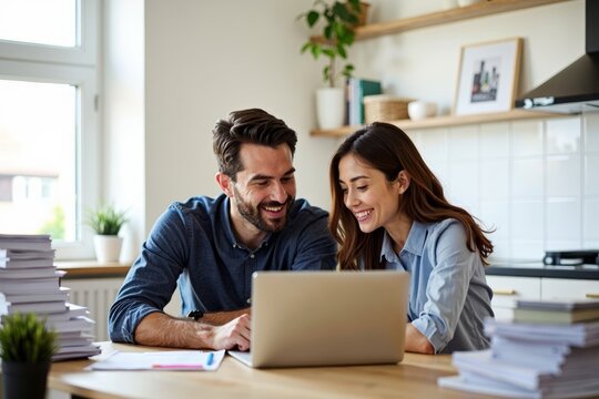 A couple diligently crafts a family budget amidst piles of paperwork and bills, engrossed in their laptop screen.