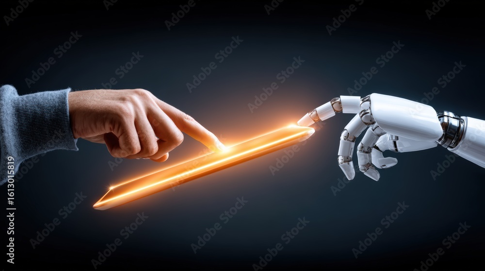 Poster human and robot interaction symbolizing technology and progress