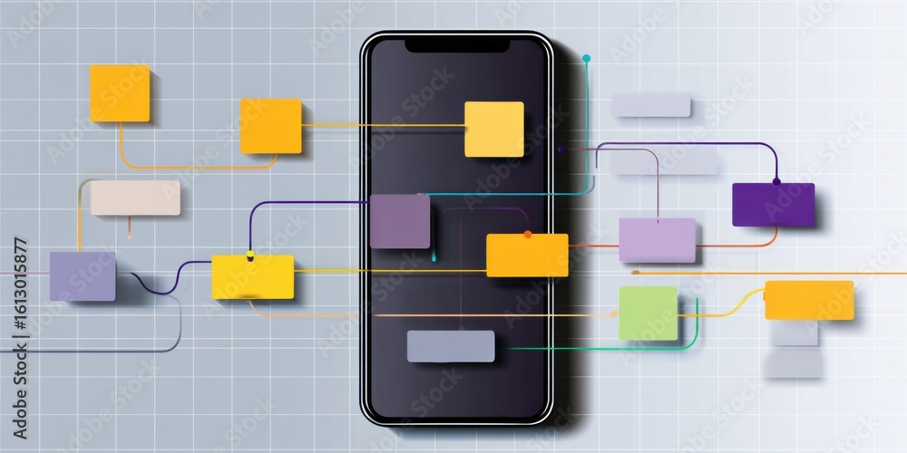 Poster conceptual design of a smartphone connected to various colorful data flow elements with a grid backg