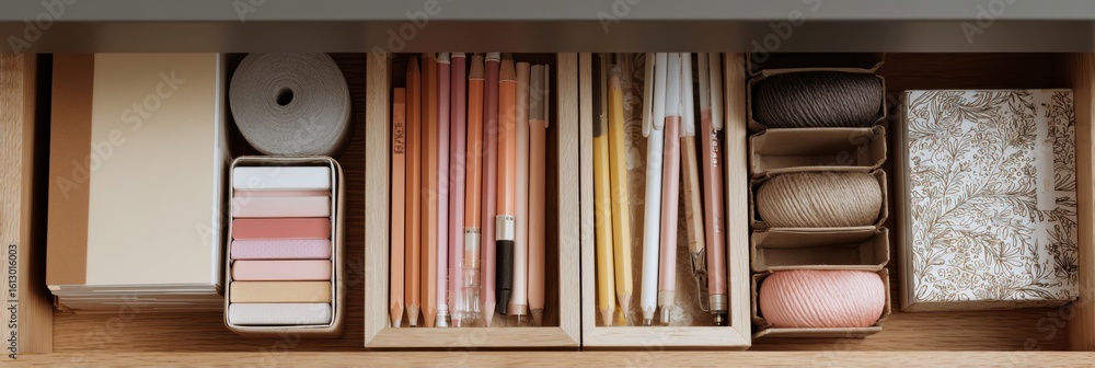 Aufkleber discovering organized stationery in a drawer with soft tones and minimalistic design for a tidy work