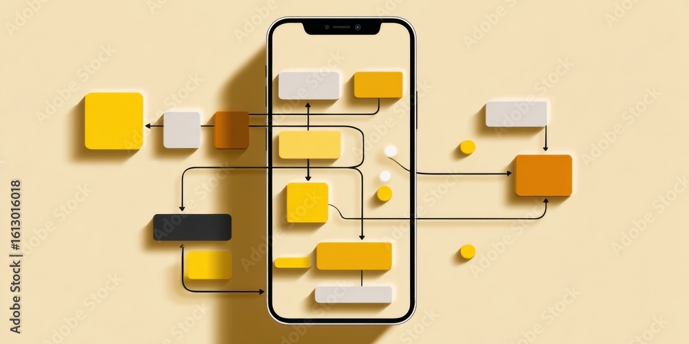 Poster innovative design of a smartphone displaying a creative flowchart with bright colors and geometric s