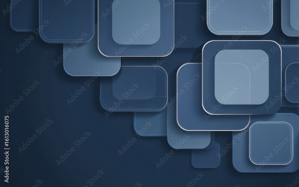 Poster overlapping geometric shapes creating a modern abstract design with shades of blue on a dark backgro