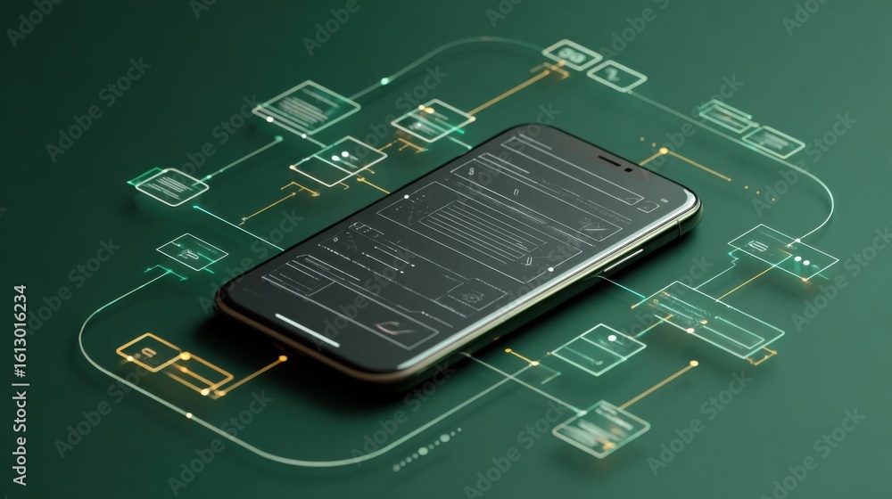 Poster smartphone displaying digital interface concepts and connectivity patterns on a dark green backgroun