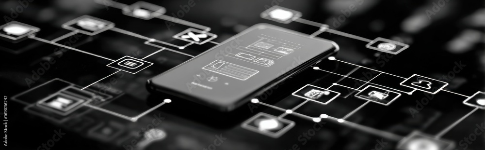 Poster smartphone connected to digital icons representing various applications and network interactions in 