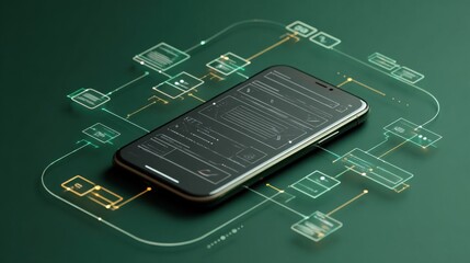 Smartphone displaying digital interface concepts and connectivity patterns on a dark green background