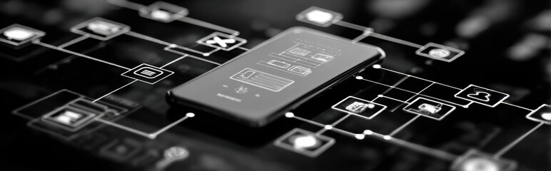 Smartphone connected to digital icons representing various applications and network interactions in a modern workspace