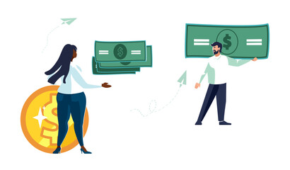 Business people. Financial loan, businessman with briefcase and African American female worker with gold coins.Statistics, financial discussion, banking, analytics, business, money.Vector illustration