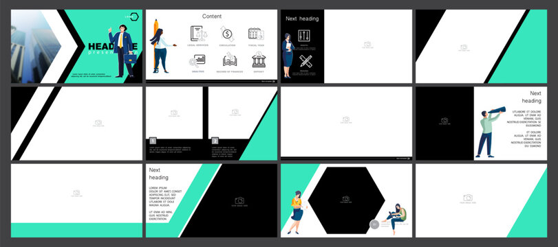 Presentation, Set. A team of people creates a business, teamwork. Business, launching a new financial project. powerpoint, infographic design template, green, black elements. Vector illustration