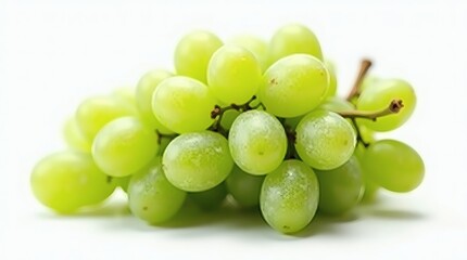 A beautiful, hyper-realistic, isolated bunch of lush green grapes, clearly revealing their plumpness, delicate powdery bloom, and vibrant emerald color, singularly isolated on a bright white setting