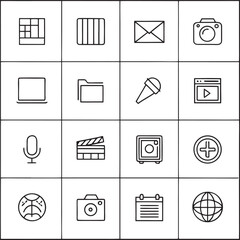 A meticulously organized grid of sixteen distinct minimalist line art icons each showcasing a unique concept in a clean modern silhouette style