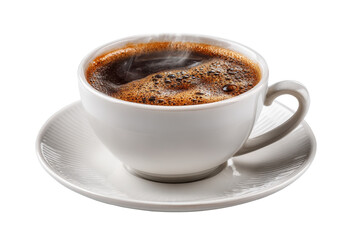 Fototapeta premium Steaming cup of coffee in white cup and saucer, isolated on a transparent background