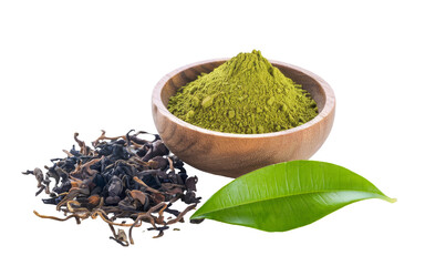 Fototapeta premium matcha tea powder, black tea and leaf isolated on background