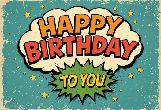 Bright and cheerful comic-style happy birthday greeting with dynamic starburst background