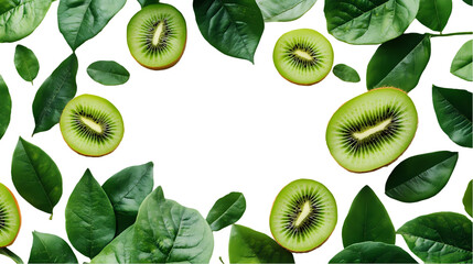 Falling Kiwi slices and green leaves isolated on transparent background