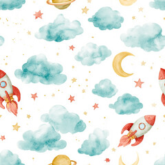 Whimsical Watercolor Space Adventure Pattern
