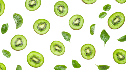 Falling Kiwi slices and green leaves isolated on transparent background