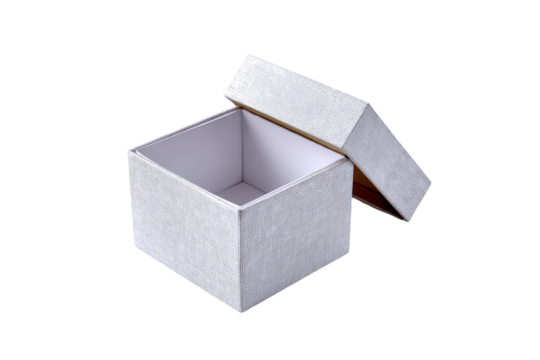 Empty silver gift box open on black background, isolated on a transparent background